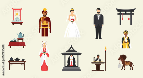 Collection of cultural and traditional icons representing diverse customs and celebrations.