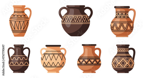 Collection of Decorative Ancient Vases with Geometric Patterns.