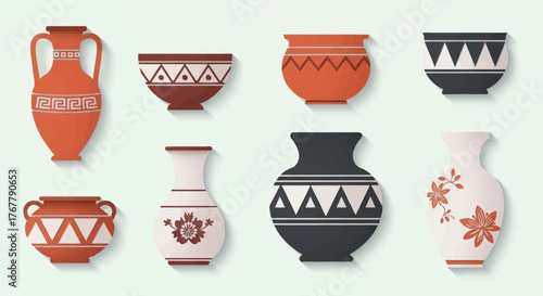 Collection of Decorative Ancient Pottery Vessels with Geometric Patterns.
