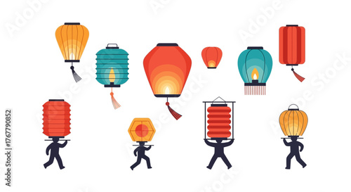 Collection of diverse colorful Chinese lanterns held by stylized figures.