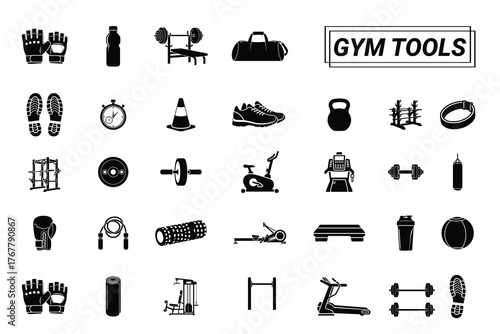 Gym tools silhouette vector set – fitness equipment black icons collection including dumbbell, barbell, kettlebell, treadmill, weight plate, and workout gear on white background