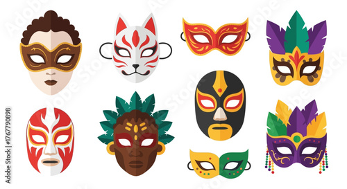 Collection of Diverse Cultural and Festive Masks for Celebrations.