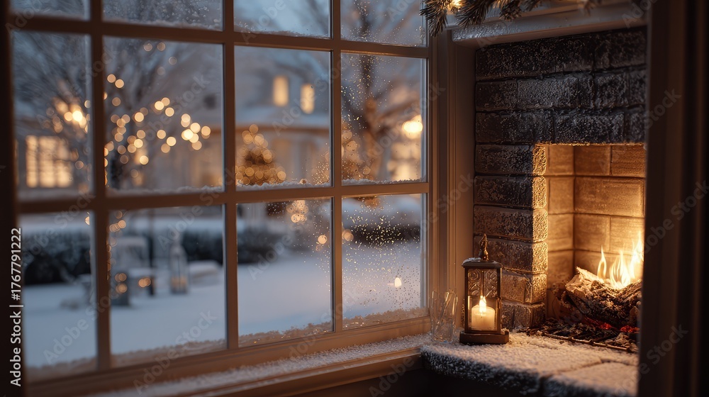 Naklejka premium Cozy Winter Scene with Glowing Fireplace and Snow Covered Landscape through Frosted Window, Perfect for Holiday and Seasonal Imagery
