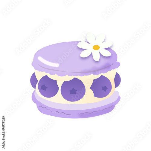 Blueberry Macaron Vector | Cute Kawaii Dessert Clipart with White Flower, Purple Pastel French Cookie Illustration

