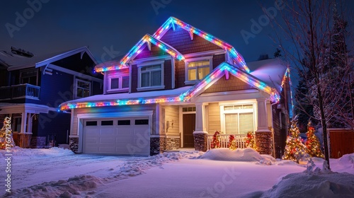 Charming suburban house adorned with colorful Christmas lights during a snowy evening, showcasing the festive spirit of the winter holiday season in a cozy neighborhood