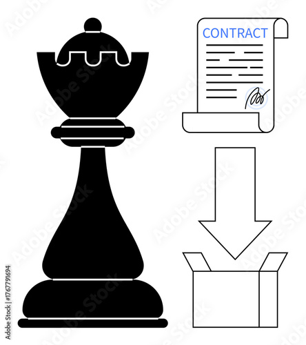Chess piece represents strategy, contract symbolizes agreement, arrow and box show delivery or results. Ideal for strategy, business, management, negotiation, planning, decision-making success