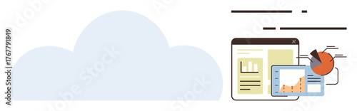 Central cloud connected to charts, reports, and analytics visualizations. Ideal for data storage, cloud computing, analytics, collaboration, business growth technology and innovation. Simple flat