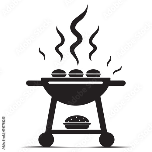 Black silhouette of a barbecue grill with burgers cooking on top and a bun below smoke rising symbolizing outdoor cooking and summer fun