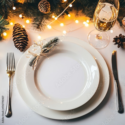 Festive Table Setting with White Plates, Pine Branches, Cones, and Golden Accents on Garland-Lit Background in Photographic Style