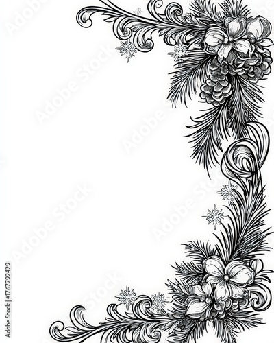 Black-and-White Holiday Border with Pinecones, Branches, Snowflakes, and Copy Space