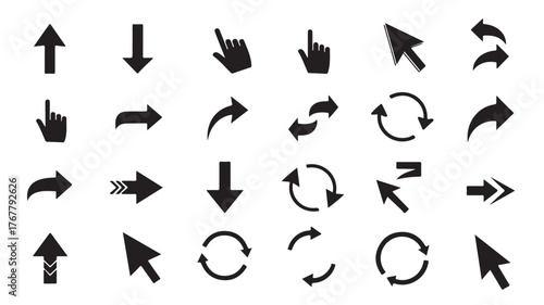 Collection of black arrow and cursor icons pointing in various directions on a white background.
