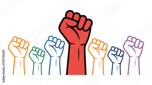 Diverse group of raised fists in various colors symbolizing unity and protest solidarity
