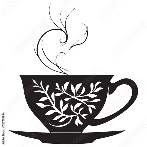 Elegant black silhouette of a steaming teacup with a delicate botanical leaf pattern on a saucer