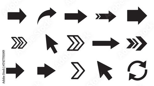 A collection of various black arrow icons and cursor pointers arranged in a grid on a white background.