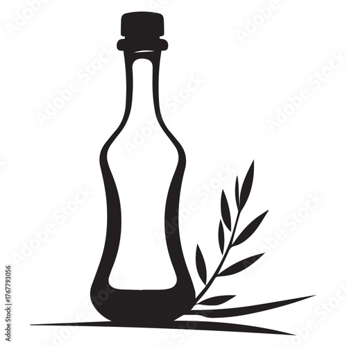 Elegant silhouette of a glass bottle with a stopper next to a delicate olive branch on a white background