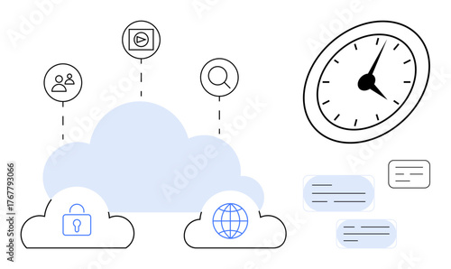 Cloud storage icons with lock and globe, connected to user profiles, search, and media, alongside a clock. Ideal for technology, connectivity, safety, innovation information networking simple flat