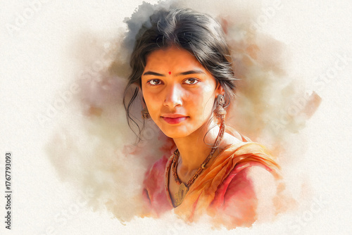 Watercolor Portrait fair Indian woman painted with soft watercolor wash, pastel palette, delicate artistic tone