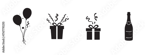 A collection of black silhouette celebration icons for parties, birthdays, and events. A gift box a noisemaker and a champagne bottle perfect for event designs, vector illustration.