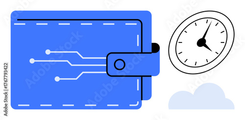 Blue wallet featuring circuit patterns alongside stopwatch and cloud. Ideal for finance, digital transaction, time management, efficiency, fintech, cloud computing, simple flat metaphor