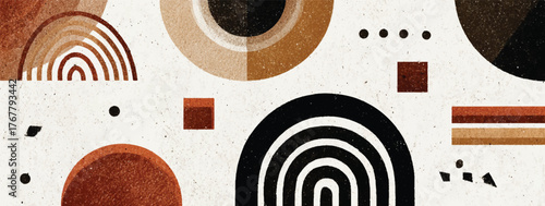 Abstract Geometric Shapes Background Design with Earth Tone Colors and Modern Minimalist Style Featuring Arcs Circles Squares and Rectangles Creating a Harmonious Composition