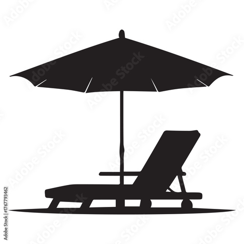 Silhouette of a beach chair and umbrella on a sandy shore against a white background representing relaxation and vacation