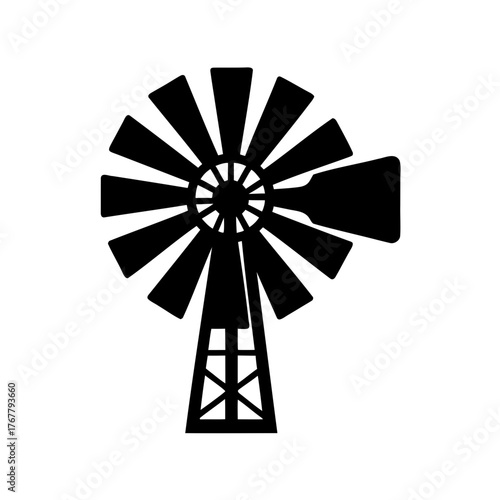 Monochromatic illustration of a vintage windmill with multiple blades and tower