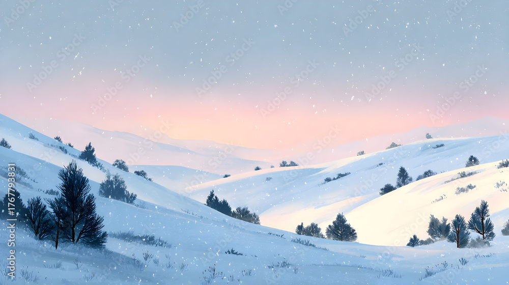 Fototapeta premium Serene winter landscape with snow-covered rolling hills and pink twilight sky