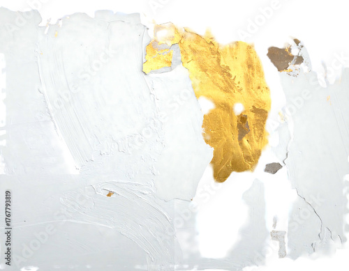 Abstract, textured composition featuring white and gold shapes against a black backdrop, resembling weathered paint