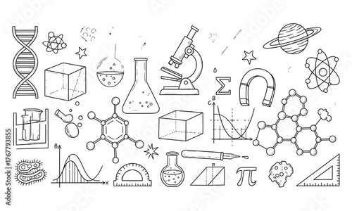 Black and white doodle illustration of scientific and mathematical objects with DNA, microscope, flask, test tube, and atoms.