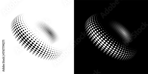 Modern abstract background. Halftone dots in circle form. Spiral logo, icon or design element. Black dots on a white background and white dots on the black side.