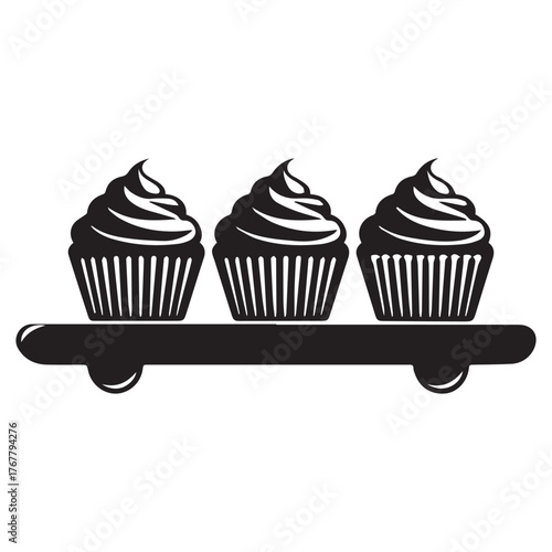 Three delicious frosted cupcakes lined up neatly on a dark shelf presented in a simple graphic illustration style