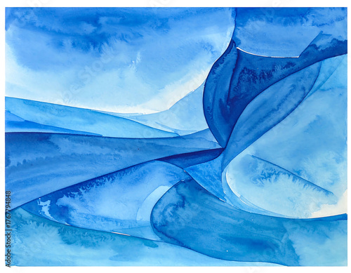 Abstract watercolor painting with shades of blue, flowing and layered, creating a serene and calming visual experience