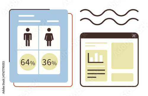 Gender percentage comparison using male and female icons, charts, and graphical interface. Ideal for statistics, analysis, reporting, surveys, demographics, user research simple flat metaphor