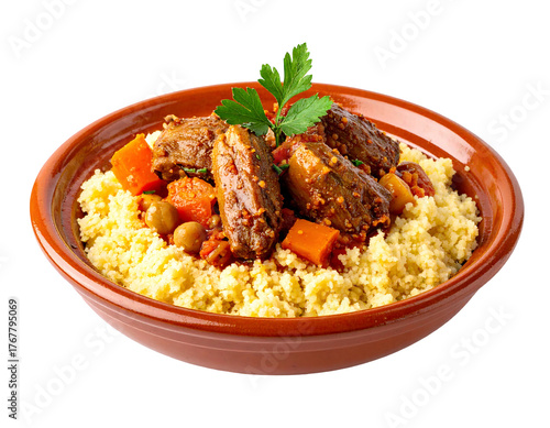 Couscous dish with tender meat, carrots, and chickpeas, garnished with parsley, in a terracotta bowl