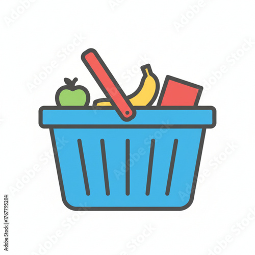 A colorful illustration of a shopping basket filled with groceries like fruits and packaged goods.