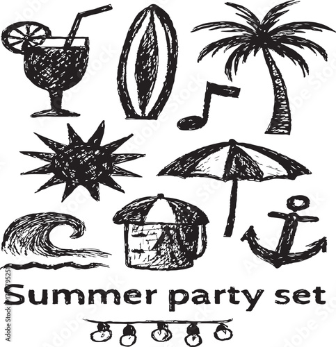 Tropical travel essentials hand drawn sketch with suitcase and coconut drink