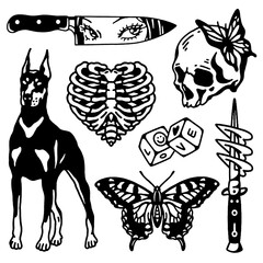 Fototapete Schmetterlinge im Grunge Dunkle Vintage Tattoo Flash Illustration  © Dani