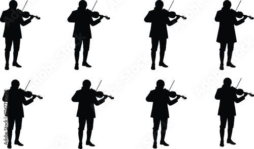 Violin player, silhouette, music, performance, repetition, artistic expression, black figures, standing pose, bow, classical, instrument, posture, stage, uniform, creative, musician