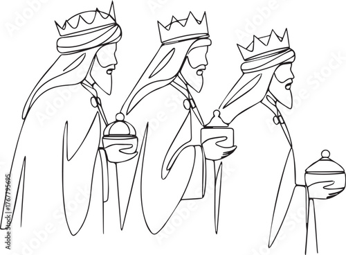 One line art of Three Wise Men carrying gifts for Epiphany Day celebration.