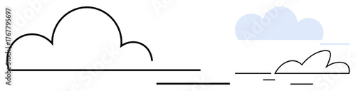 Stylized black outline clouds with linear accents alongside soft blue solid clouds. Ideal for weather, simplicity, sky, technology, abstract concepts, clean design, simple flat metaphor