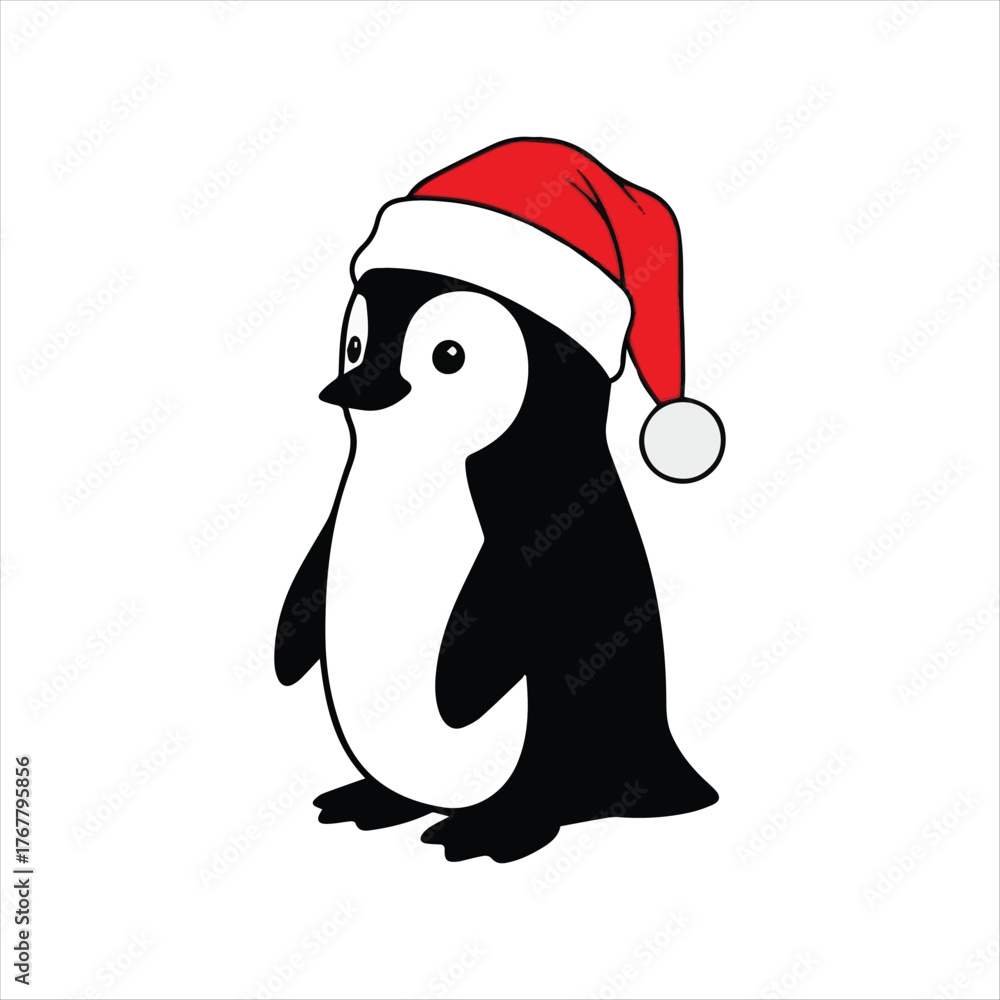 Fototapeta premium Cute christmas penguins with festive holiday elements and snowy background