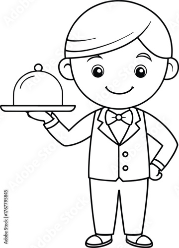 Charming waiter character holding a covered food platter ready for service simple outline drawing