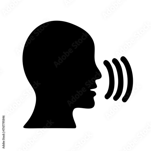 Human head in profile with sound waves, speaking concept, isolated on white