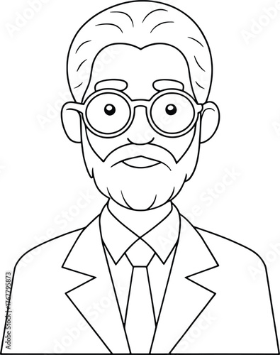 Hand-drawn sketch of a distinguished man with glasses and a beard wearing a suit and tie