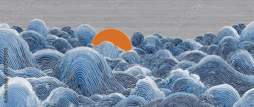 Abstract Ocean Waves Illustration with Rising Sun in Artistic Japanese Style for Wall Art Prints and Digital Backgrounds with Nautical Theme for Meditation and Relaxation