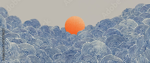 Abstract Ocean Wave Illustration with Textured Sun Minimalist Seascape in Blue and Orange Graphic Art with Serene Aesthetic Background Concept