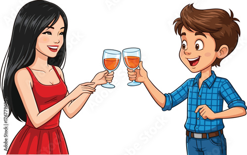 Cartoon characters, clinking glasses, joyful moment, orange drink, celebration theme, smiling faces, red dress, blue shirt, friendship scene, cheerful illustration