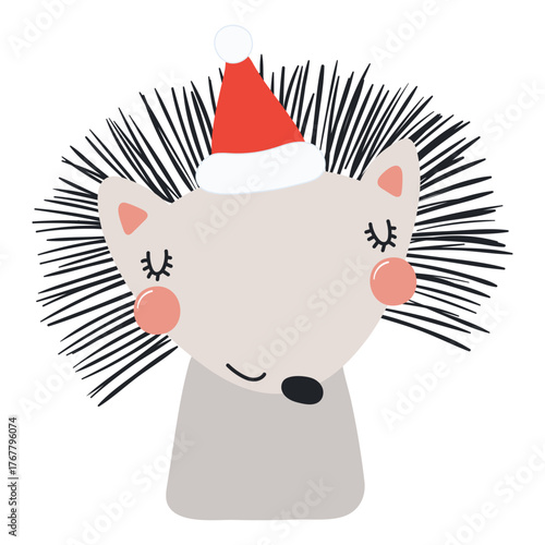Hedgehog in a Santa Claus hat isolated on transparent. Hand drawn flat vector illustration. Cute cartoon character. Traditional Christmas, New Year, seasonal design element, holiday clip art