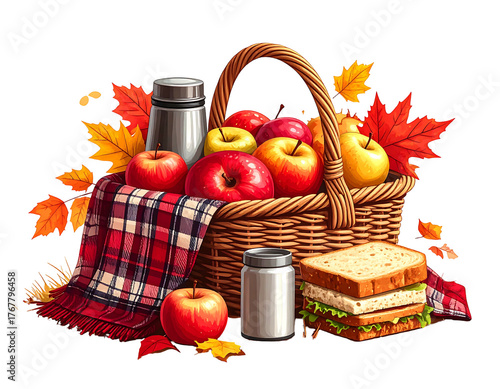 Autumn harvest picnic apples, sandwiches, plaid blanket, and thermos packed in a woven basket