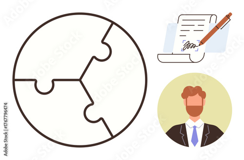 Circular puzzle with three pieces, signed agreement with pen, and business professional illustration. Ideal for teamwork, cooperation, contract signing, management, negotiation, partnerships simple